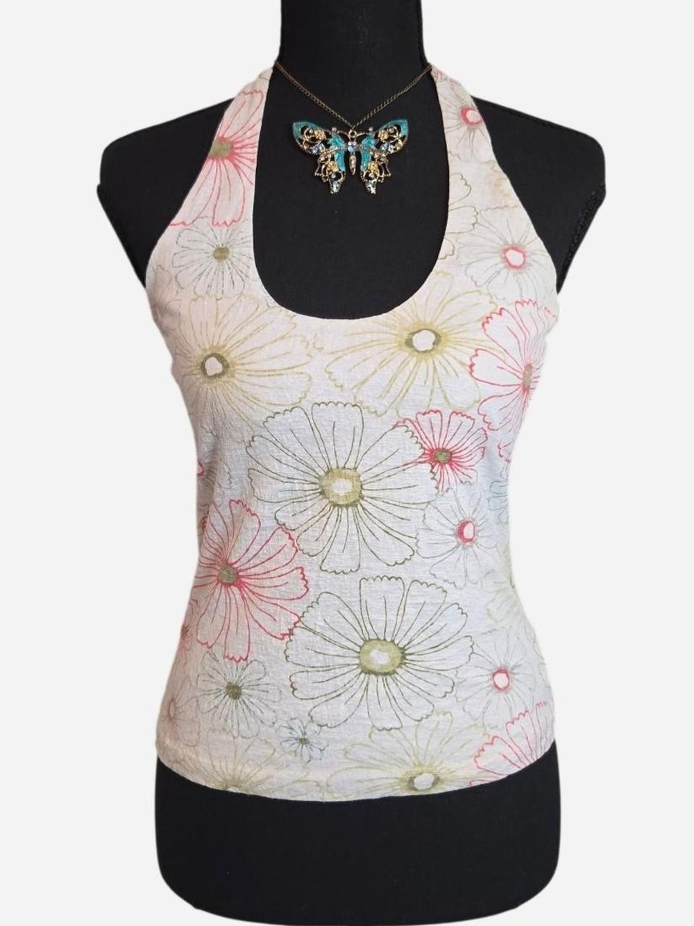 Y2K Wet Seal Archival Floral Halter Tank with Pastel Blooms Cotton Blend Size M
